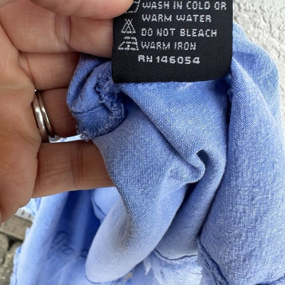 VTG Giocam Blue Embroidered Floral Midi Dress Frayed Hem Ruching V Neck Med - Picture 9 of 9